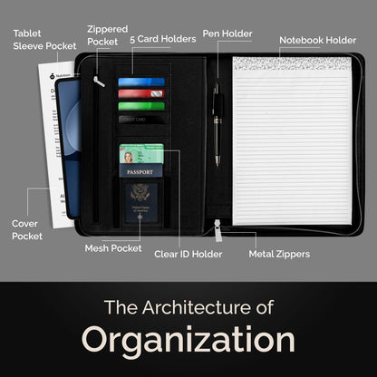 Lautus Designs Black Zippered Leather Portfolio - High Capacity 2-Inch Spine - Fits Surface Go & iPad Pro/Air 11 Inch - Professional Resume Padfolio