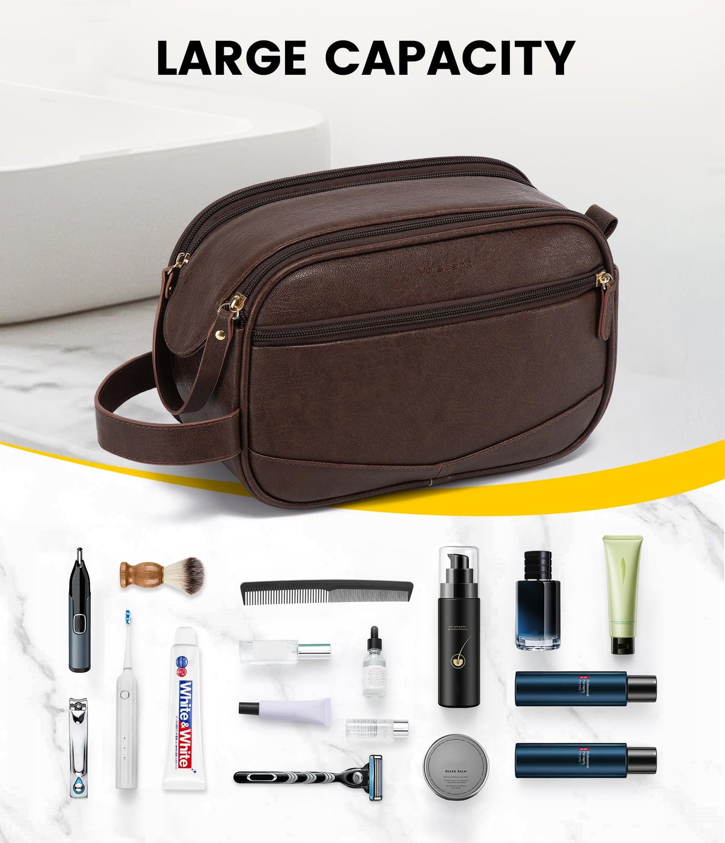 Vorspack PU Leather Toiletry Bag for Men - Water Resistant Travel Bag for Toiletries, Shaving, Grooming, Bathroom Essentials - Dark Brown