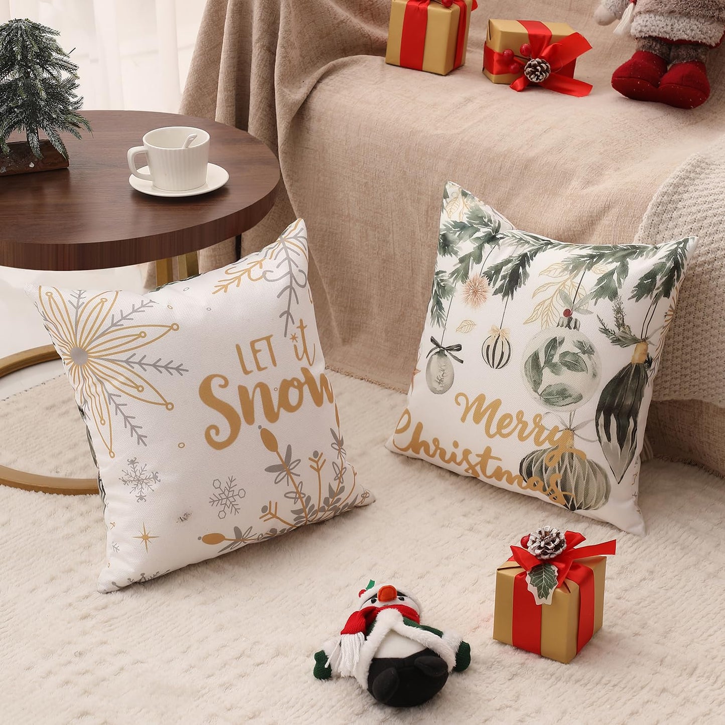 multiwins Double-Sided Print Christmas Pillow Covers 18"x18" Set of 4, 8 Cute Christmas Patterns, Tree, Merry Christmas, Truck, Merry & Bright, Let It Snow, Etc, Perfect for Home Decor