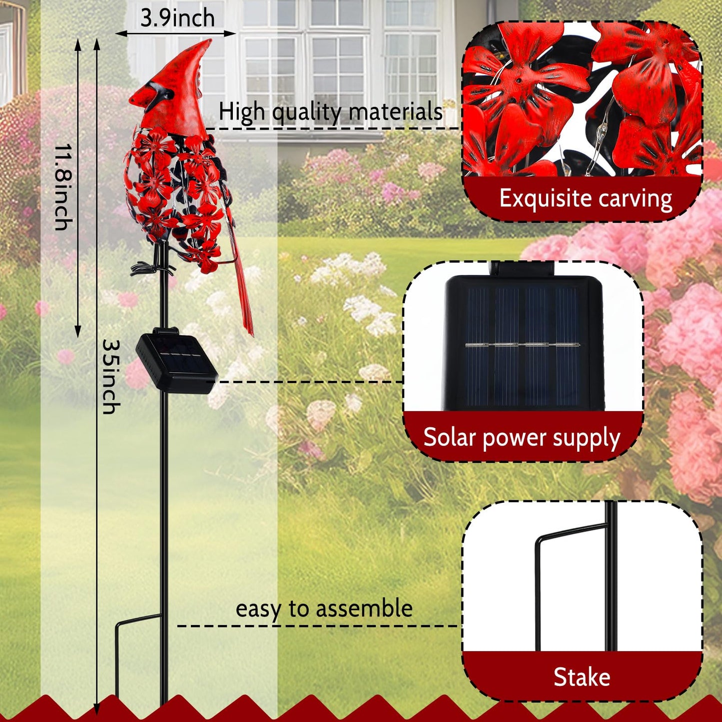 VIHOSE 1 Pcs Cardinal Gift Decor Cardinal Solar Lights for Outside Garden Stake Metal Red Bird Solar Lights Gift Outdoor Stake Grave Patio Yard Lawn Porch Cemetery Decoration for Mom Grandma Women