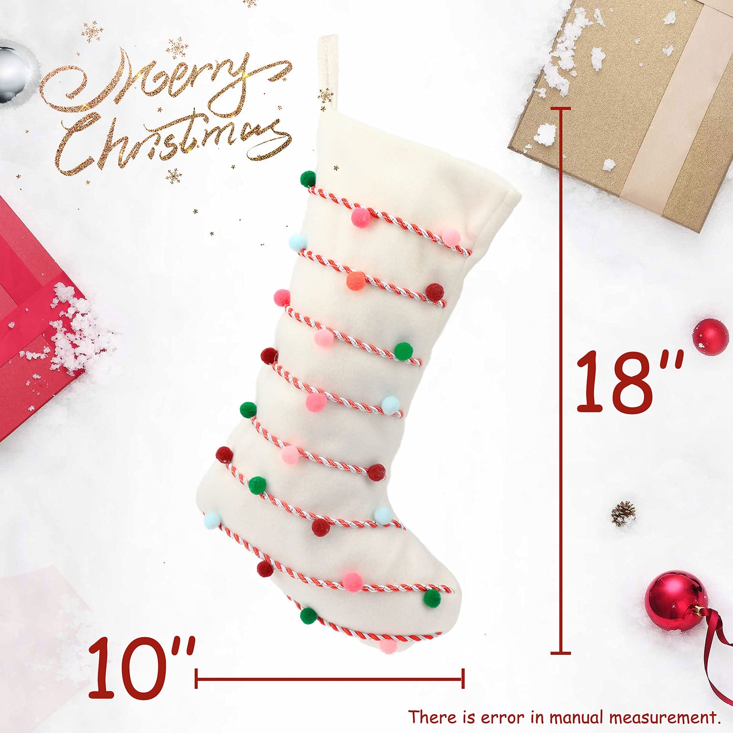 Hopearl Pom Pom Christmas Stocking Boho Style Socks Ultra Soft Holders Ornament Luxury Gifts Bags for Family Xmas Tree Party Supplies, Cream, 18''