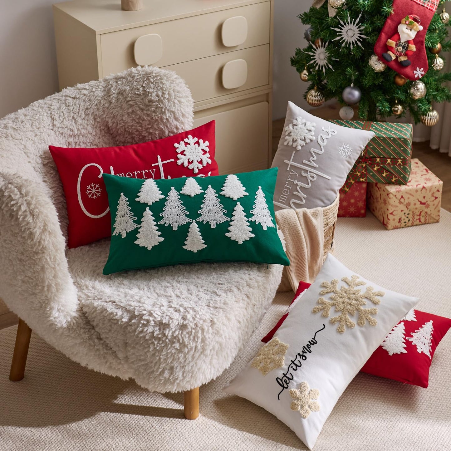 yeshttdy Merry Christmas Pillow Covers 12x20 Inch Embroidery Snowflake Xmas Decorative Lumbar Throw Pillow Cover Winter Holiday Pillow Case Cushion Cases for Sofa Couch Living Room Decorations Red