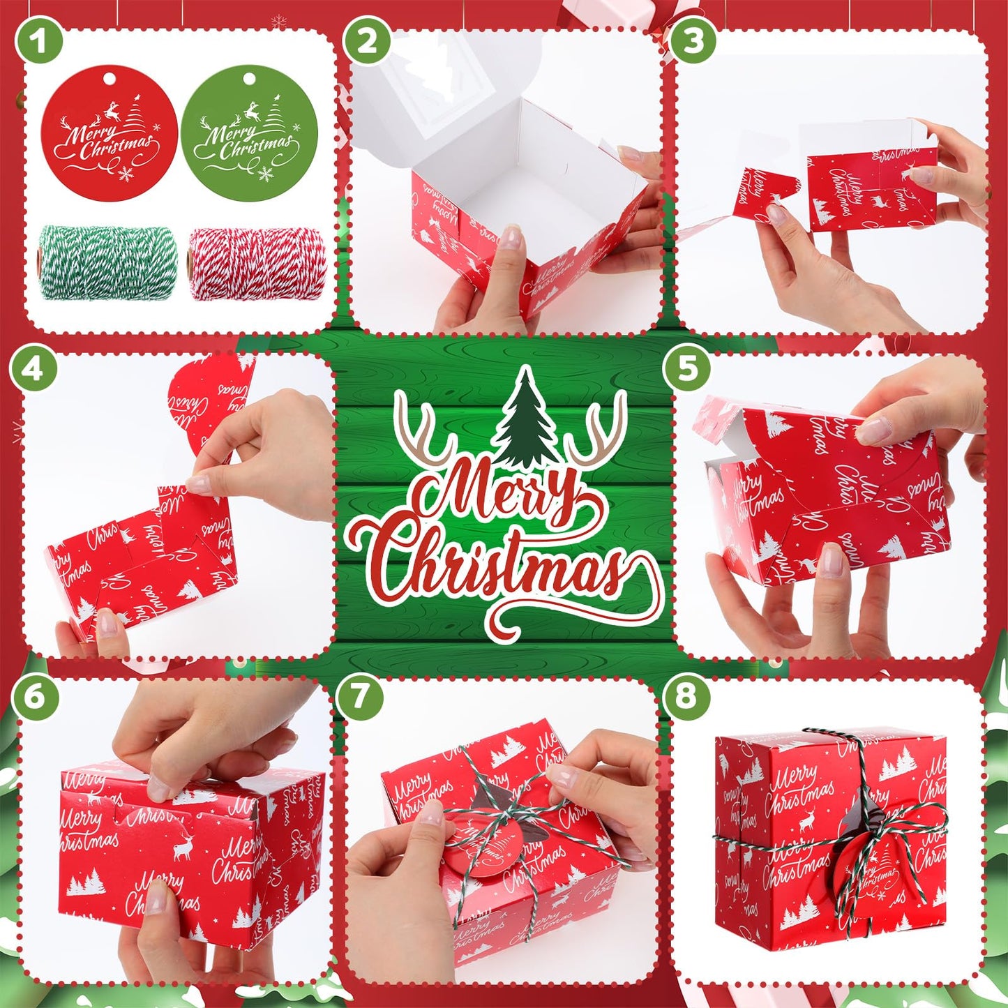 Glenmal 100 Set Christmas Bakery Cookie Boxes Cupcake Containers with Christmas Tree Window Xmas Day Cupcake Candy Goody Treat Gift Boxes with Cotton Rope Label for Xmas Party Favors Supplies
