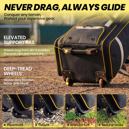 Fanwoli 100L Rolling Catchers Gear Bag - Large Baseball & Softball Duffle with 5 Fence Hooks, Locker-Style Organizer, Holds 8 Bats, Vented Shoe Zone - Essential Pro Edition (Black)