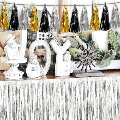 4P Black Gold Silver Tassel Banner Garland Metallic Foil Fringe Banner Tinsel Tassels Streamer Banner Backdrop for Parade Floats, 2025 Graduation Decorations, New Years Decorations,Father' Day