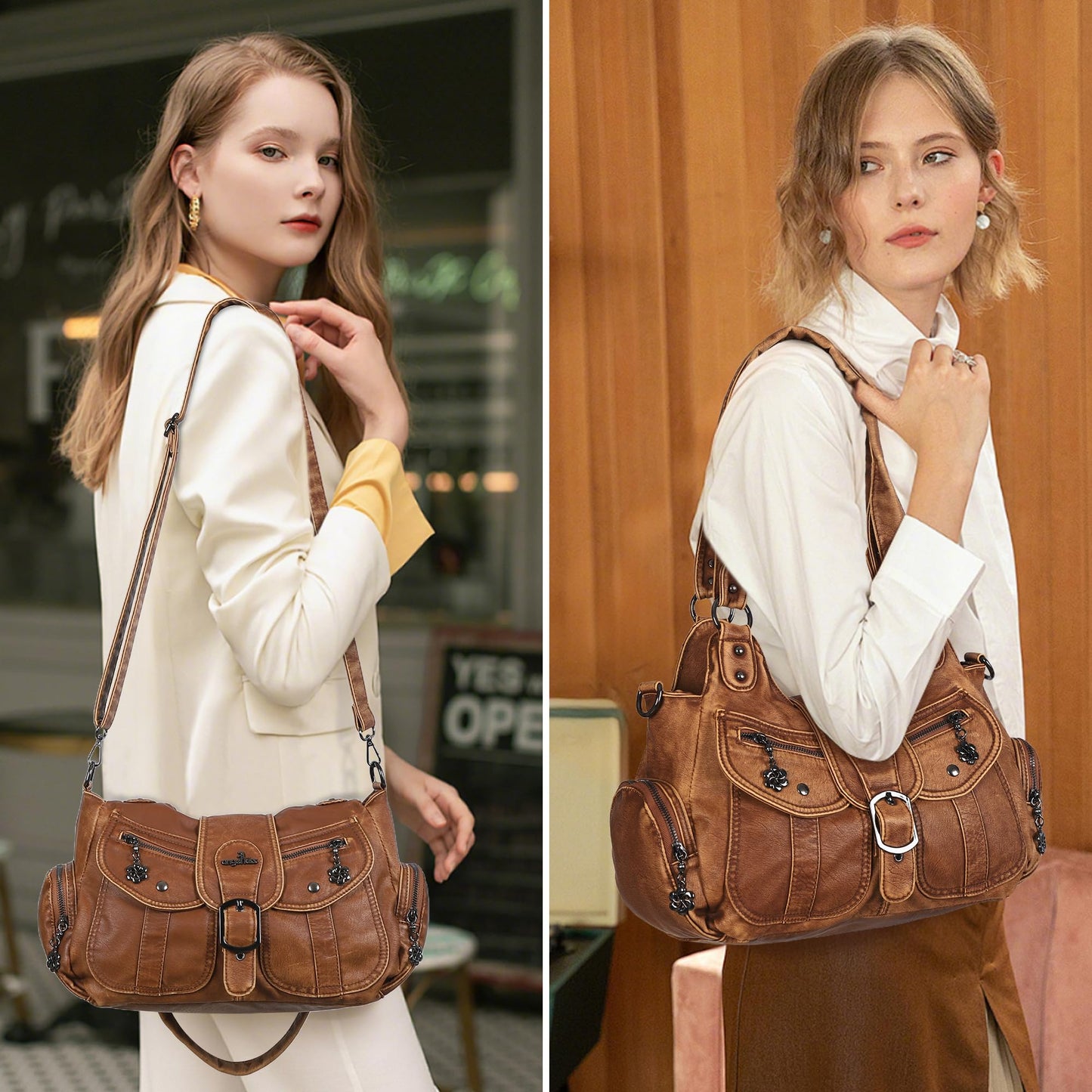 Angel Kiss Hobo Bags for Women Vegan Leather Shoulder Purses and Handbags Ladies Roomy Tote Bags Purse with Crossbody Strap,Brown