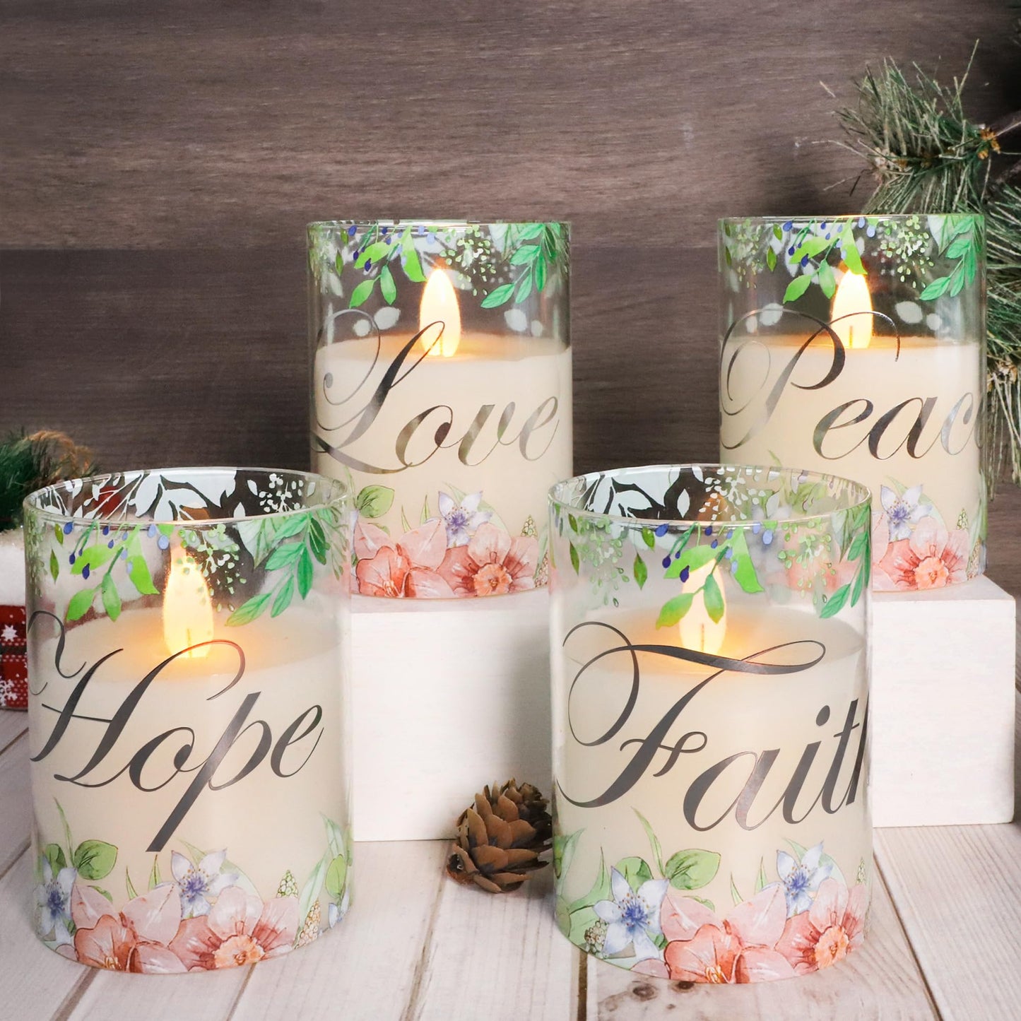 Silverstro Christmas Flameless Candles Glass Flickering Real Wax Floral LED Candles with Remote - Home Party Room Botanical Holiday Decor Set of 4