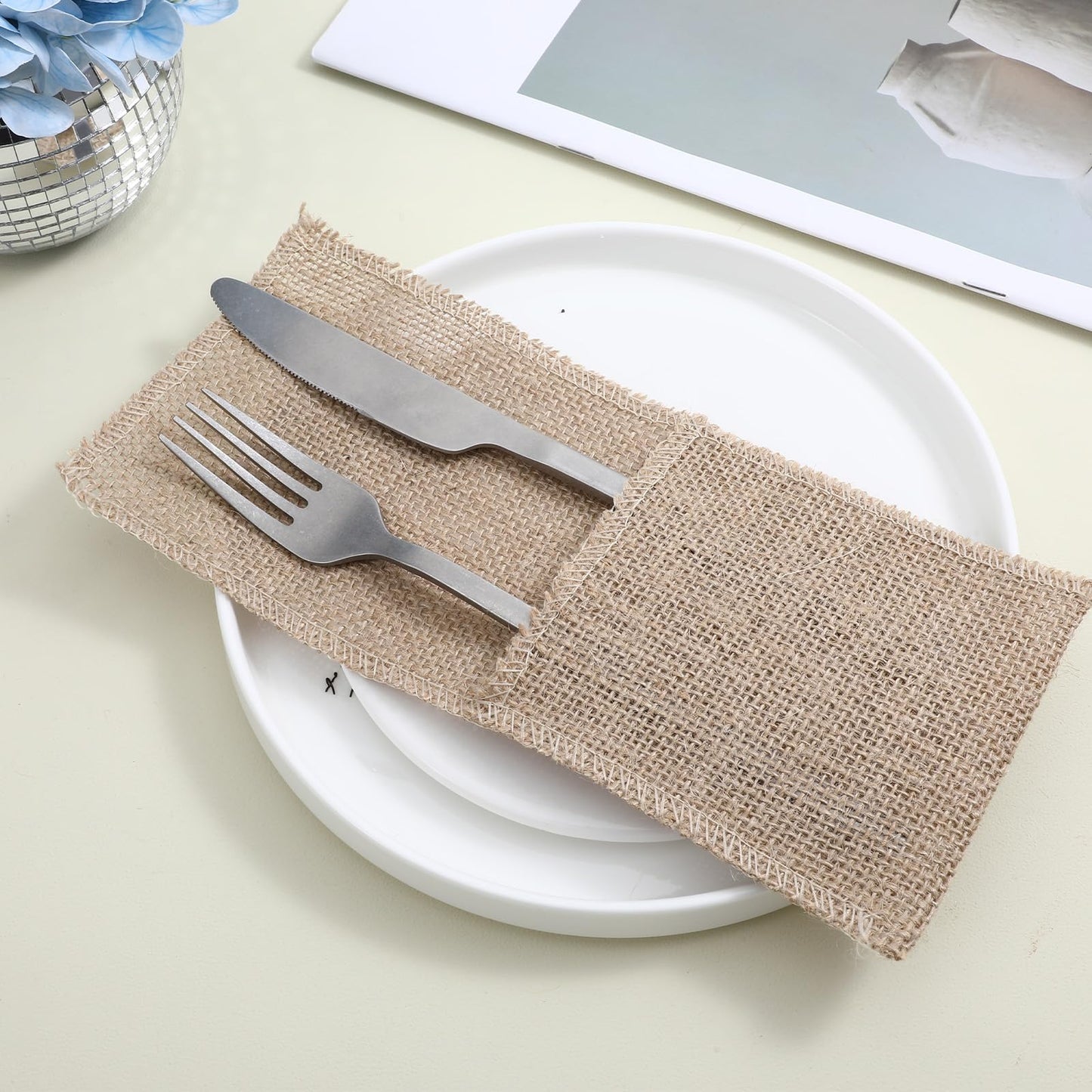AojSup 50 Pcs Burlap Utensil Holder Pouch Set - 4 x 8.8 Inch Natural Jute Cutlery Pouch for Wedding Party Decor, Reusable Silverware Bags with Deep Pockets for Knives Forks Spoons