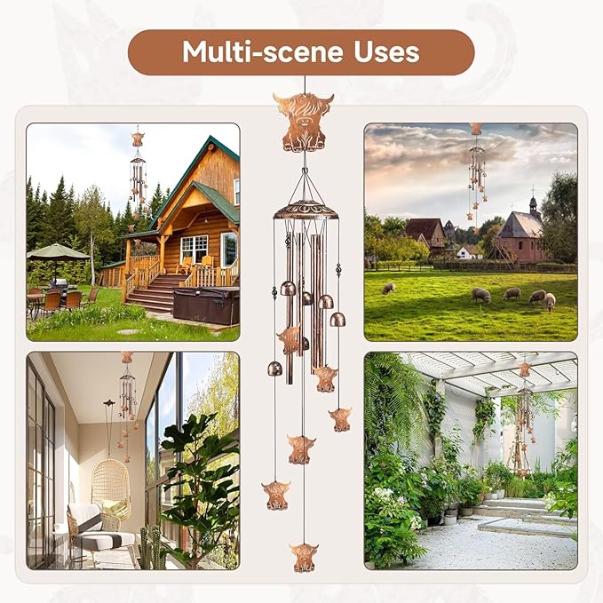 Highland Cow Wind Chimes for Outside,41" Metal Windchimes, Housewarming/Halloween/Festival/Birthday/Anniversary Highland Cow Gifts for Women/Men, Cow Decorations for Outside, Patio or Yard, Garden