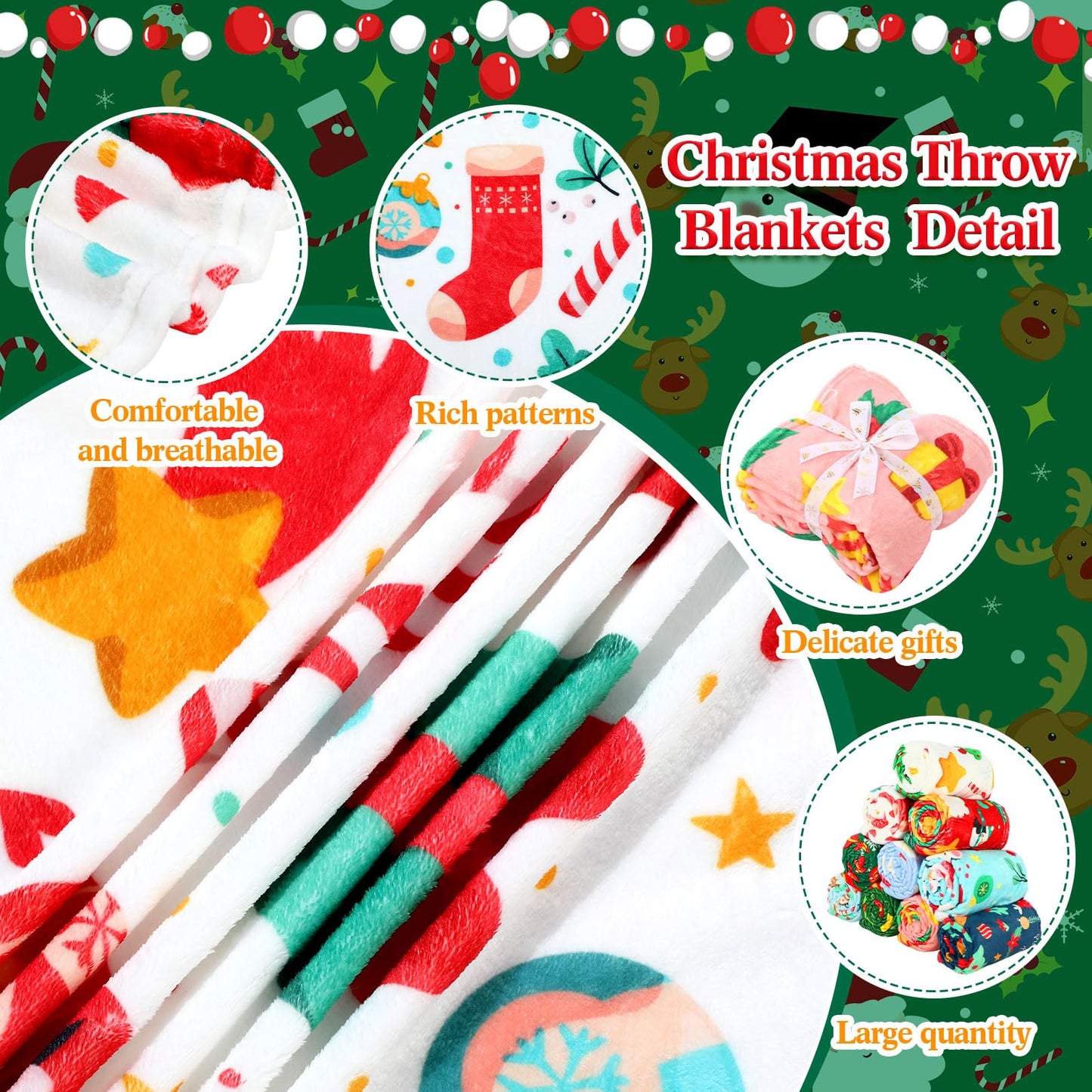 Windkream 12 Pcs Christmas Throw Blankets with Ribbon Xmas Fleece Blankets Gingerbread Snowman Lightweight Soft Warm Plush Couch Throw for Living Room Home Decor(60 x 80 Inch)