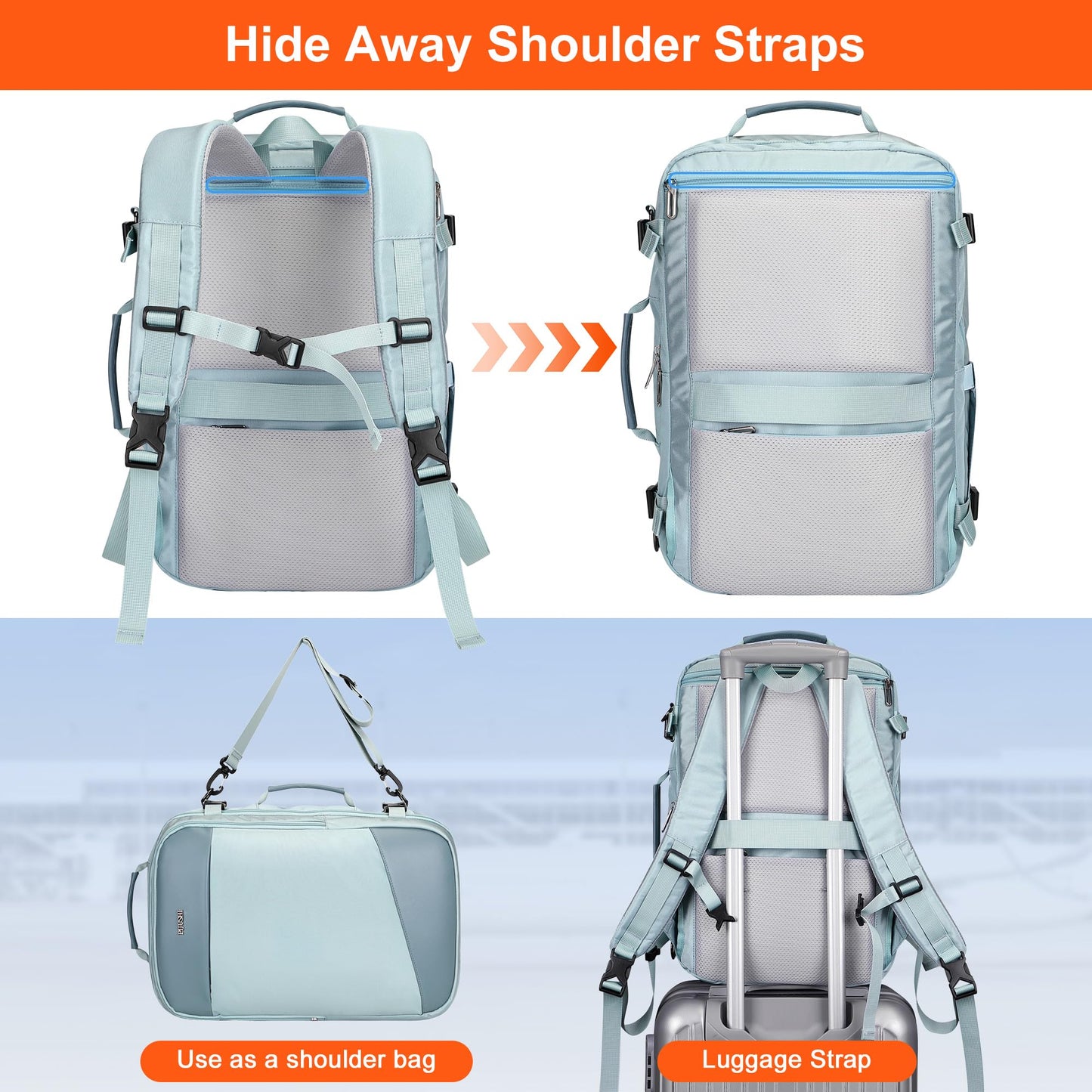 PIJUSHI Travel Backpack for Women Carry on Suitcase Backpack Flight Approved Personal Item Bag Fits 16 Inch Laptop(PE035 Blue)