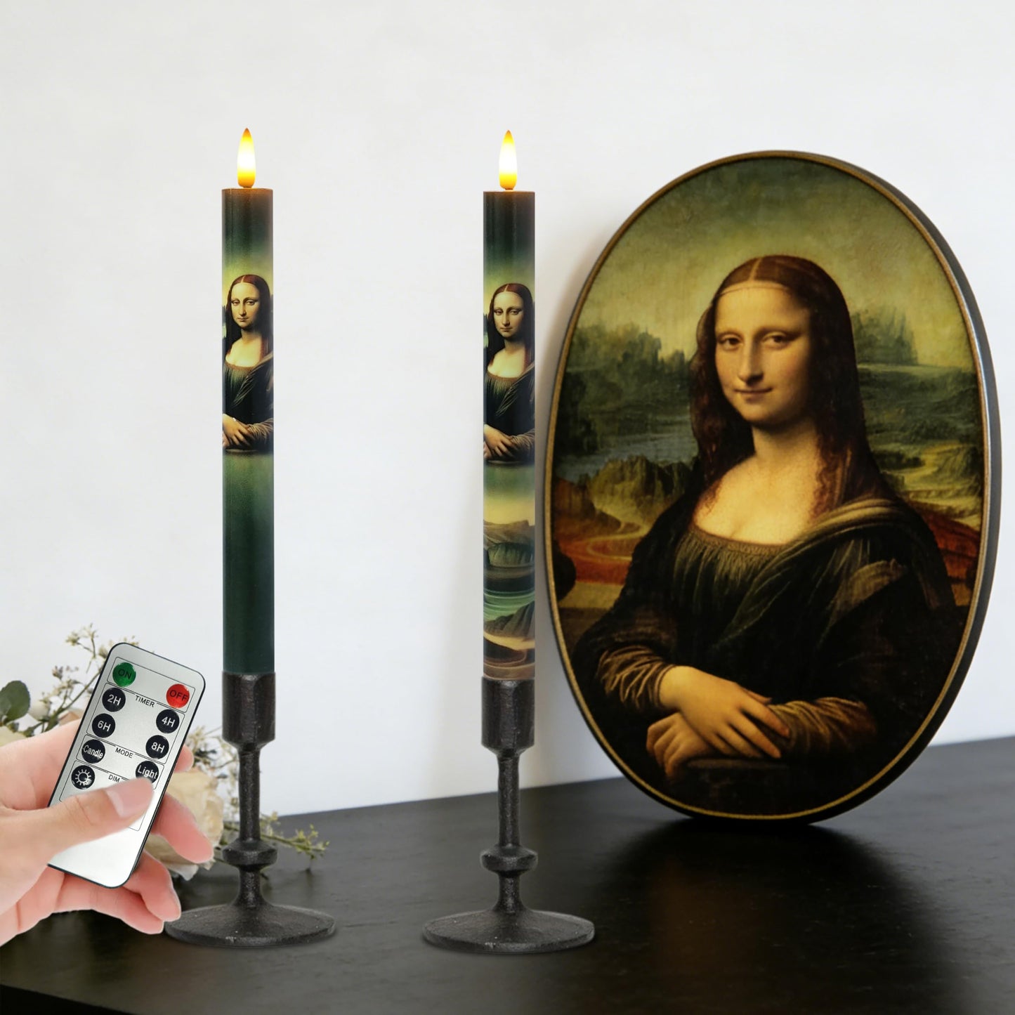 Mona Lisa Flameless Taper Candles - 10 Inch Set of 2 with Remote, Da Vinci Art Print LED Candles, Battery Operated Decorative Candles for Artistic Home Decor for Living Room, Study, Art Lover Gift