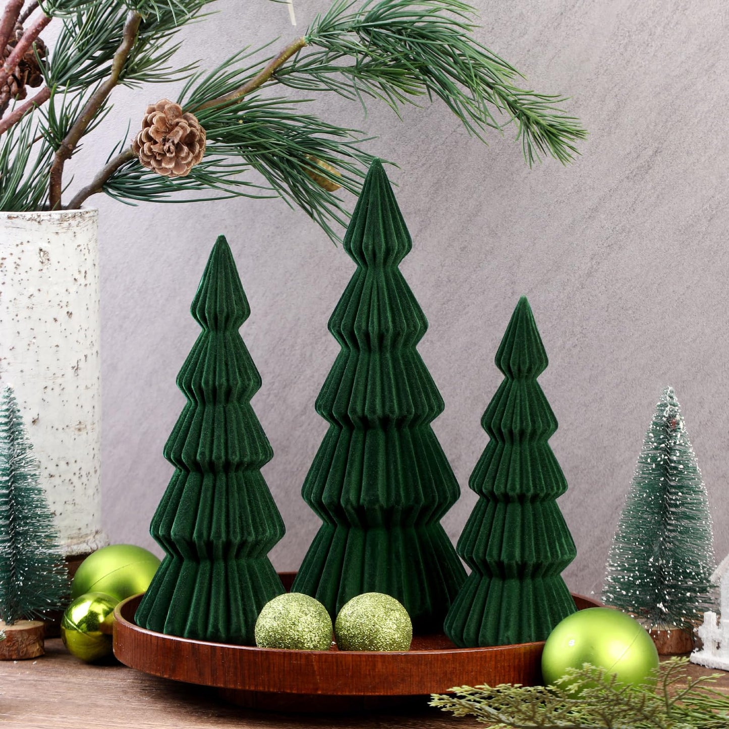 Relaxgiant Set of 3 Velvet Ceramic Christmas Trees Decoration Large Modern Velvet Cone Christmas Tree Figurine Decor Holiday Xmas Winter Indoor Home Tabletop Mantel Centerpiece(Dark Green)
