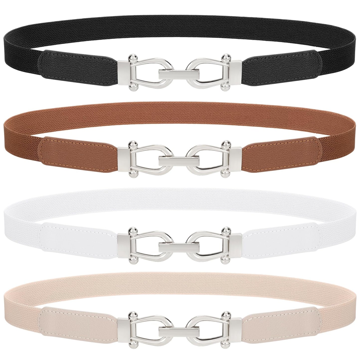 TRIWORKS 4 Pack Skinny Elastic Belts for Women Silver Buckle Thin Stretchy Waist Belts for Dresses