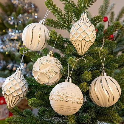 16PCS Shatterproof Christmas Ball Ornaments Set, Hand-Painted Holiday Decor with Assorted Sizes & Designs for Christmas Tree Thanksgiving Party Decoration, Champagne-White