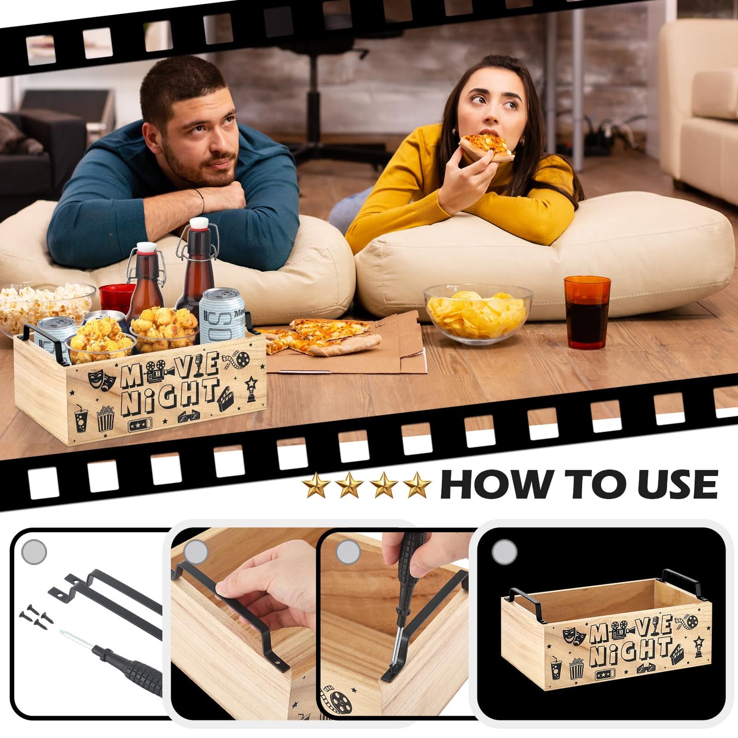 Sliner Movie Night Snack Trays with Handles Reusable Wood Movie Gift Basket Popcorn Bucket Bowl Box Container for Cinema Party Family Theater Christmas Countertop Chips Candy Popcorn Kitchen Supplies