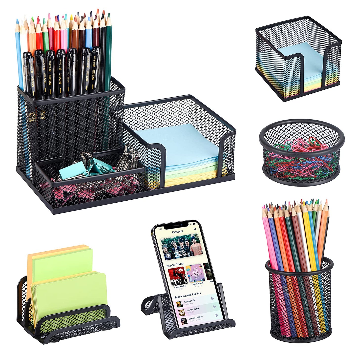 zqanve Desk Organizers set with Mesh Pen Holder Cup, 3 Compartments Black Office Supply Organizer Paper Clips Holder for Office Desk Accessories (6 Piece set, Black)
