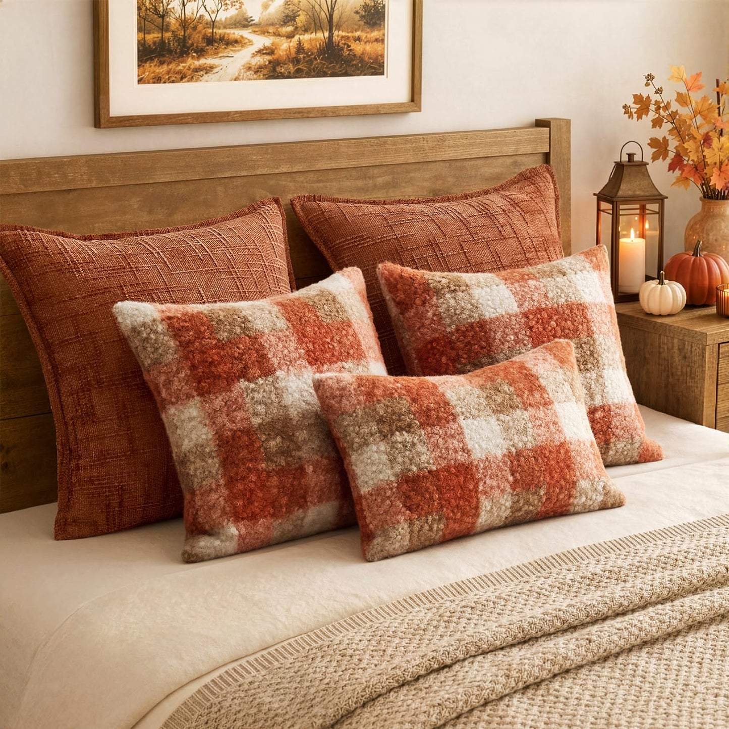 MIULEE Fall Plaid Pillow Covers 12x20 Inch Set of 2, Decorative Boucle Faux Fur Check Lumbar Throw Pillow Covers Fluffy Pillowcases for Farmhouse Living Room Sofa Bed Home Decor,Orange