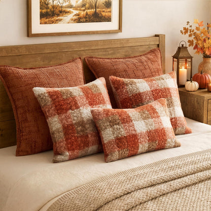 MIULEE Fall Plaid Pillow Covers 12x20 Inch Set of 2, Decorative Boucle Faux Fur Check Lumbar Throw Pillow Covers Fluffy Pillowcases for Farmhouse Living Room Sofa Bed Home Decor,Orange