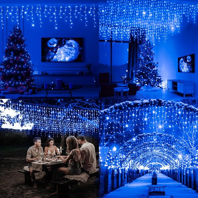 JXLEDAYY 65 FT 640 LED Christmas Lights Outdoor Decorations Clear Wire String Lights Plug in 120 Drops 8 Modes Memory Timer Connectable Curtain Fairy Lights Waterproof for Holiday Wedding Party-Blue