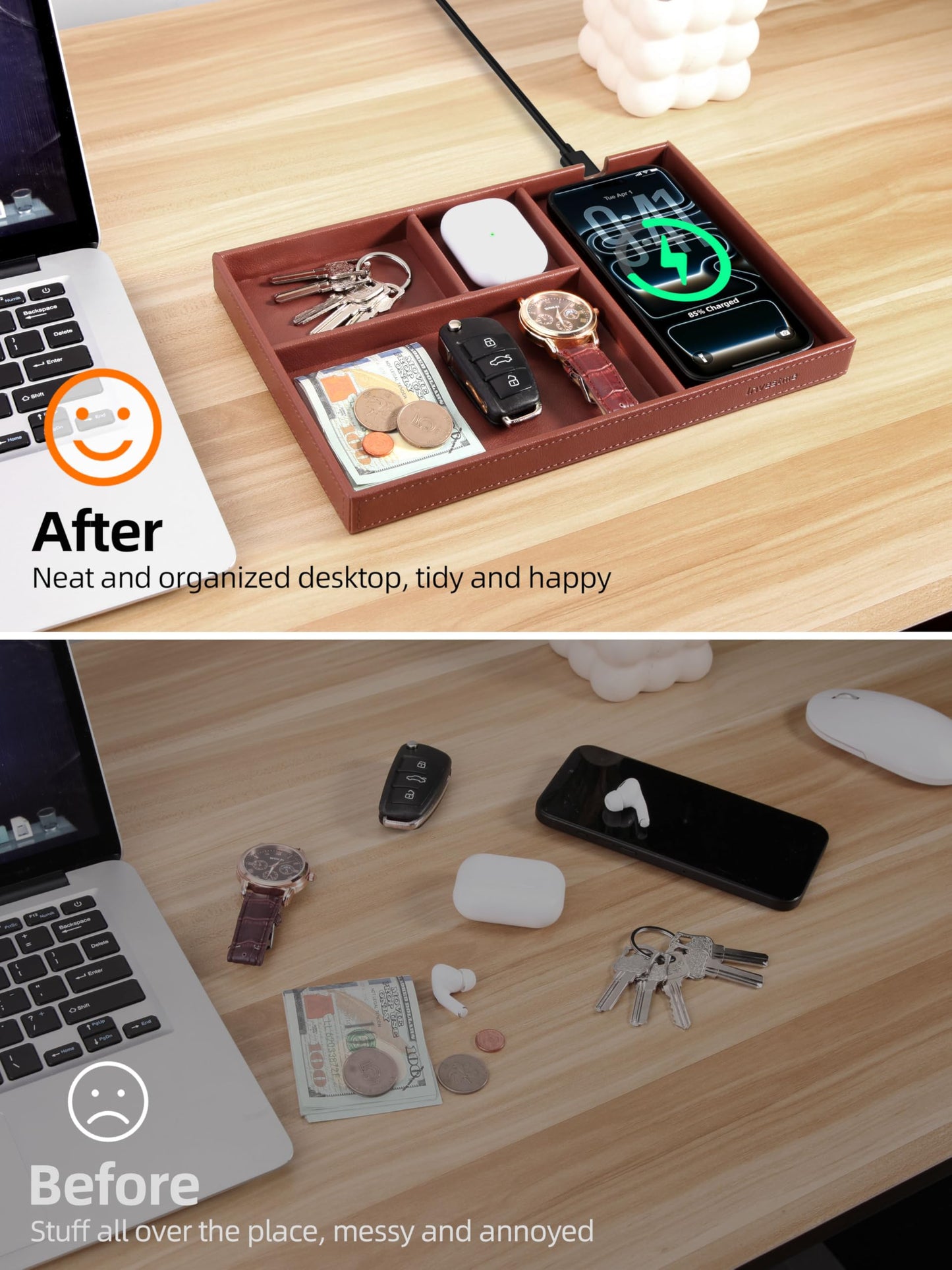 Investme Valet Tray, Built in Wireless Charger, Nightstand Organizer, Mens Jewelry Box, Dresser Organizer, Valet Charging Station, Faux Leather Valet Tray for Men and Women, Brown