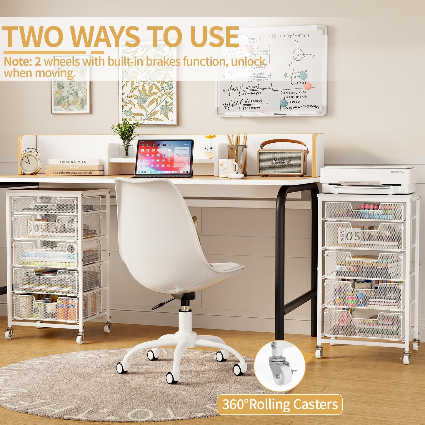 Sbanmao Utility Cart with 5 Drawers, Rolling Storage Cart with Wooden Tabletop and Lockable Wheels, Storage Drawer Cart with Drawers, Craft Cart for Bedroom, Classroom, Home, Office, White