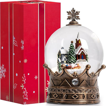Christmas Snow Globe Lantern Water Glittering Village & Santa Crown with Music, USB Lined/Battery Operated Lighted Lantern for Christmas Festival Decoration Gifts