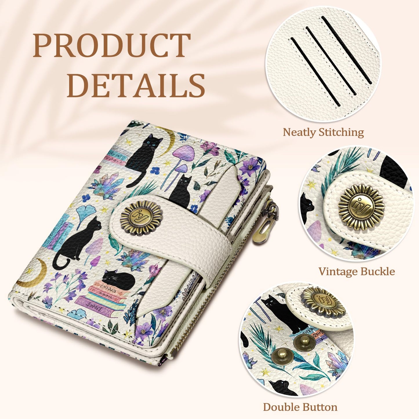 Icycay Black Cat Small Wallet Women RFID Blocking Bifold, Cute Credit Card Holder, Zipper Coin Pocket, PU Leather, Compact, Travel, 4 ID Window, 14 Card Slots, Cash Purse, Ladies Woman Female Girls