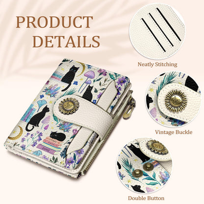 Icycay Black Cat Small Wallet Women RFID Blocking Bifold, Cute Credit Card Holder, Zipper Coin Pocket, PU Leather, Compact, Travel, 4 ID Window, 14 Card Slots, Cash Purse, Ladies Woman Female Girls