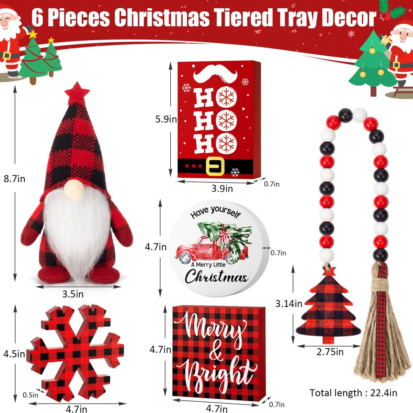 Christmas Tiered Tray Decor 6 PCS Xmas Decorations for Home - Xmas Table Decor Wooden Signs & Buffalo Plaid Gnome Plush Set - Farmhouse Christmas Tray Decoration Kitchen Table Mantel