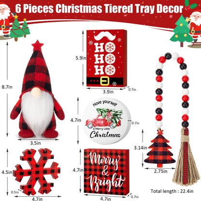 Christmas Tiered Tray Decor 6 PCS Xmas Decorations for Home - Xmas Table Decor Wooden Signs & Buffalo Plaid Gnome Plush Set - Farmhouse Christmas Tray Decoration Kitchen Table Mantel
