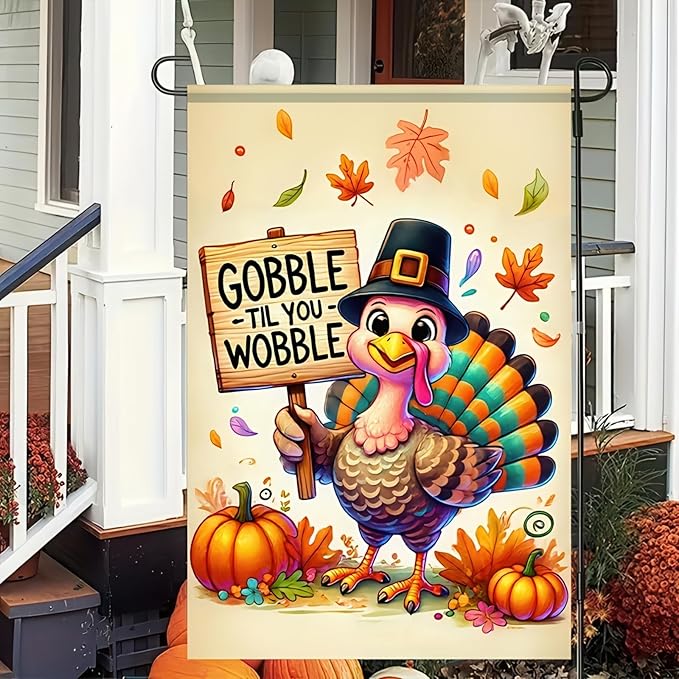 Thanksgiving Turkey Garden Flag 12x18 Inch – Gobble Til You Wobble Fall Pumpkin Banner Double Sided Autumn Outdoor Yard Decoration for Harvest Porch and Lawn