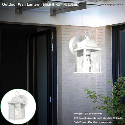 LIT-PaTH Outdoor Wall Lantern, Wall Sconce as Porch Lighting Fixture, E26 Base, Aluminum Housing Plus Glass, Water-Proof and Outdoor Rated, ETL Qualified, 1-Pack, White