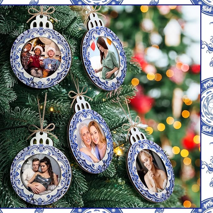 Blulu 24 Pcs Christmas Pictures Frame Ornaments Bulk Blue and White Chinoiserie Photo Frames Ornaments Wooden Blue Christmas to Put Pictures in Stocking Stuffers