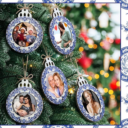 Blulu 24 Pcs Christmas Pictures Frame Ornaments Bulk Blue and White Chinoiserie Photo Frames Ornaments Wooden Blue Christmas to Put Pictures in Stocking Stuffers