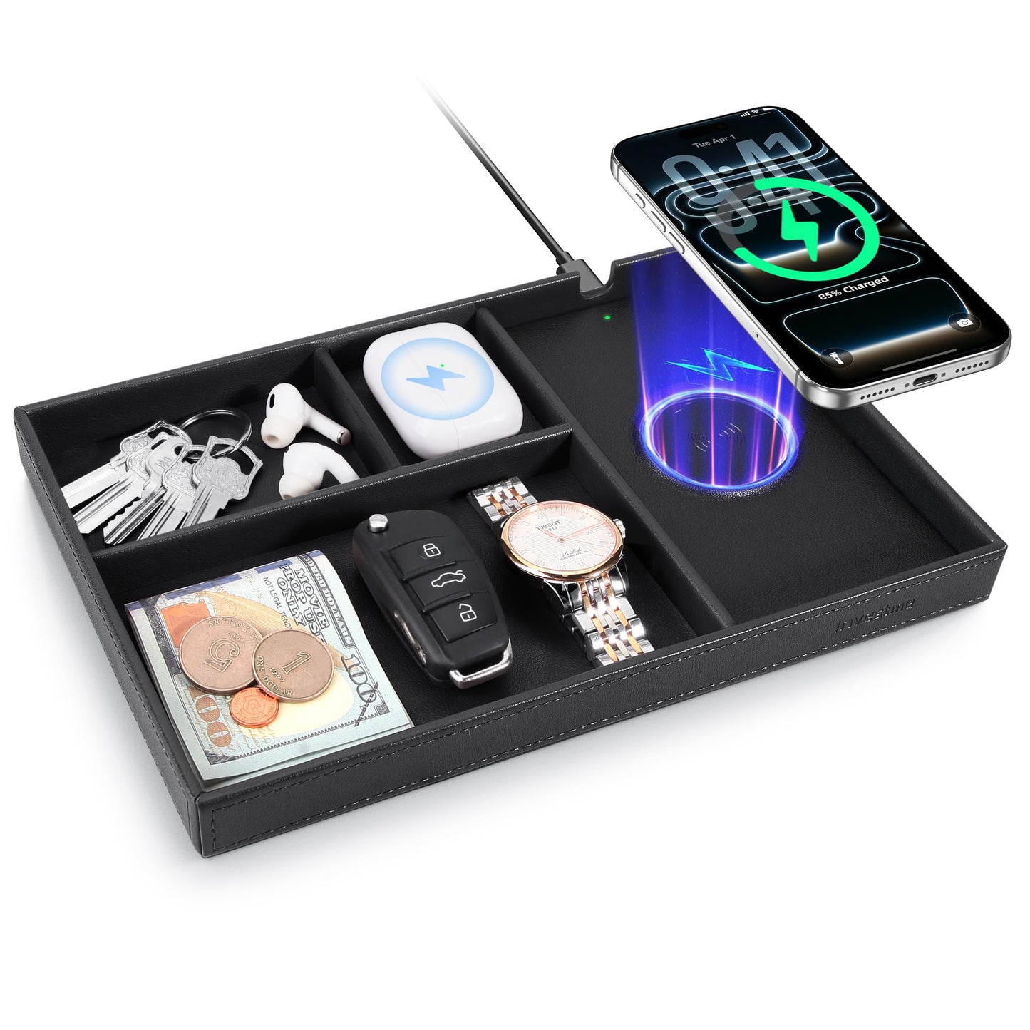 Valet Tray, Built-in Wireless Chargers, PU Leather Nightstand Organizer, Desk Bedside Caddy Organizer Tray for Men Women, EDC Catchall Trays for Keys, Watch, Phone, Jewelry, Black