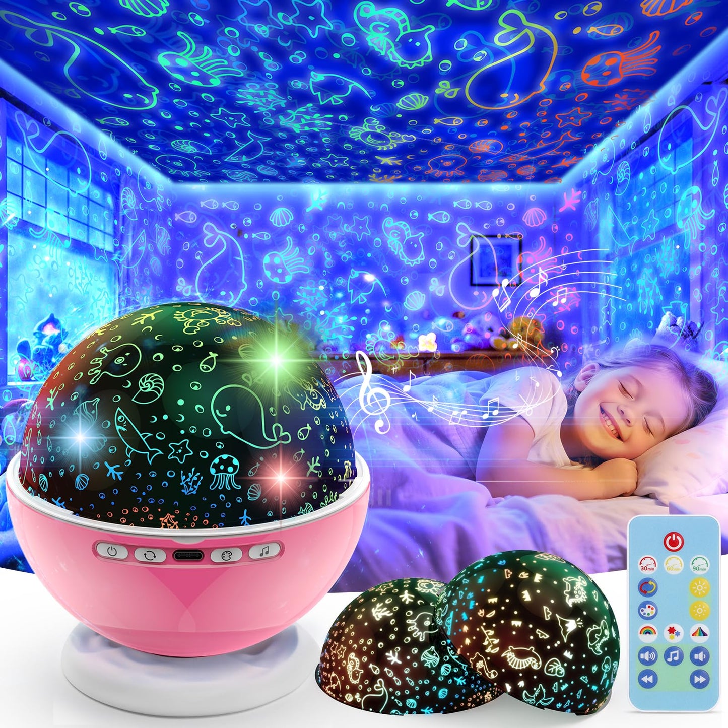 Night Light Projector,Night Light for Kids Room with Remote and Timer,360° Rotation,3 Projection Films,18 Light Modes,8 Lullaby Songs,Kids Night Lamp, Christmas Birthday Gifts for Boys Girls (Pink)