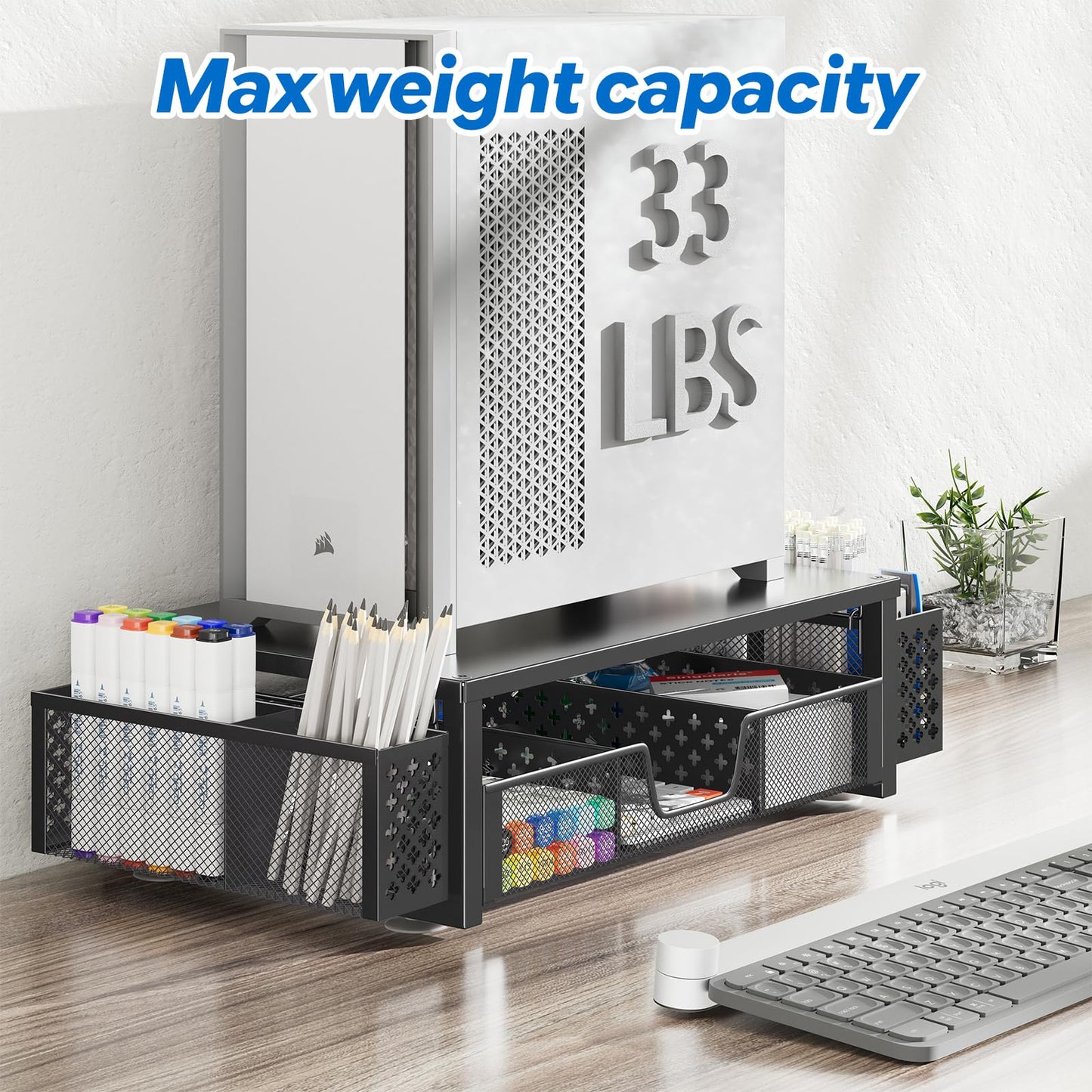 Simple Trending Desk Organizer and Accessories, Computer Metal Monitor Stand Riser with Drawer and Pen Holder for Laptop, Computer, iMac, Black