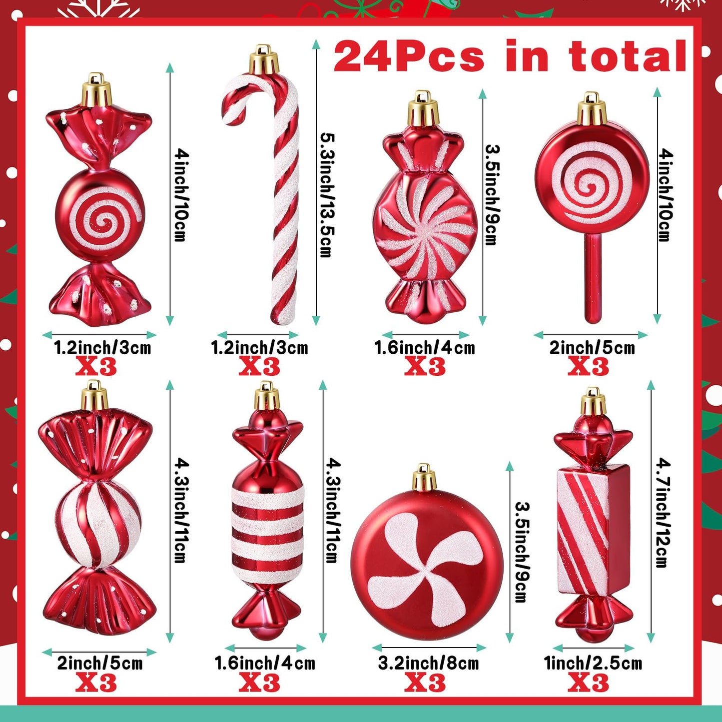 Leyndo 24 Pcs Christmas Candy Hanging Ornament Candy Cane Peppermint Lollipop Decor Glitter Ornament for Home Christmas Tree Party Favor Decoration(Red)