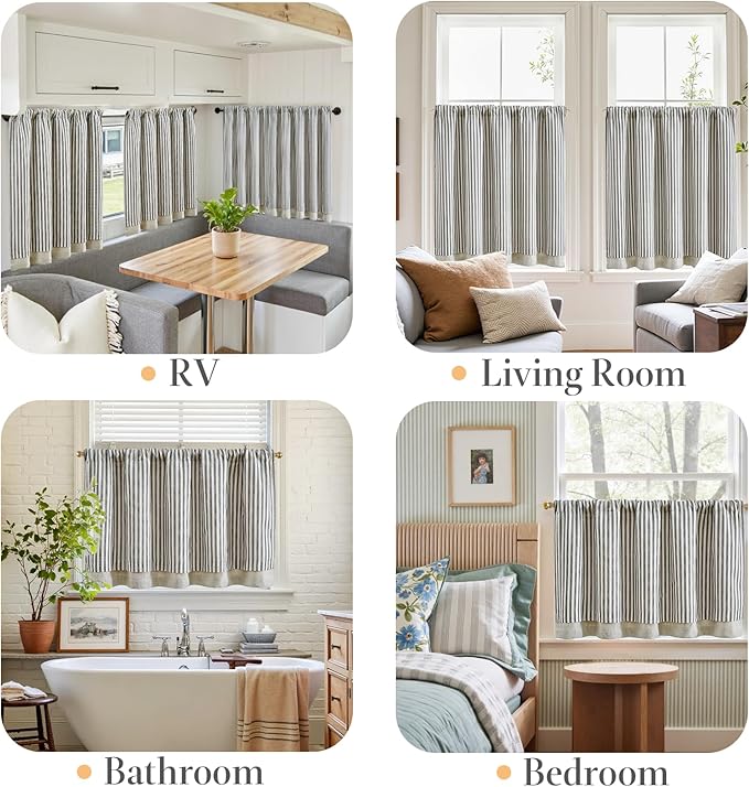 jinchan Double Layer Striped Linen Kitchen Tier Curtain Rustic Cafe for Living Room Bathroom Half Window Curtain Light Filtering Rod Pocket 1 Panel 36 Inch Charcoal Grey