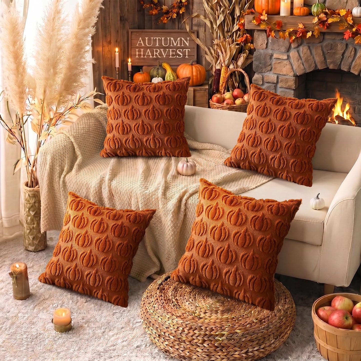 HDVUHKI Fall Pumpkin Throw Pillow Covers 18x18 inch Set of 4, Rust Red Autumn Thanksgiving Farmhouse Living Room Soft Fluffy Plush Faux Fur Wool Decorations for Sofa Couch Bed