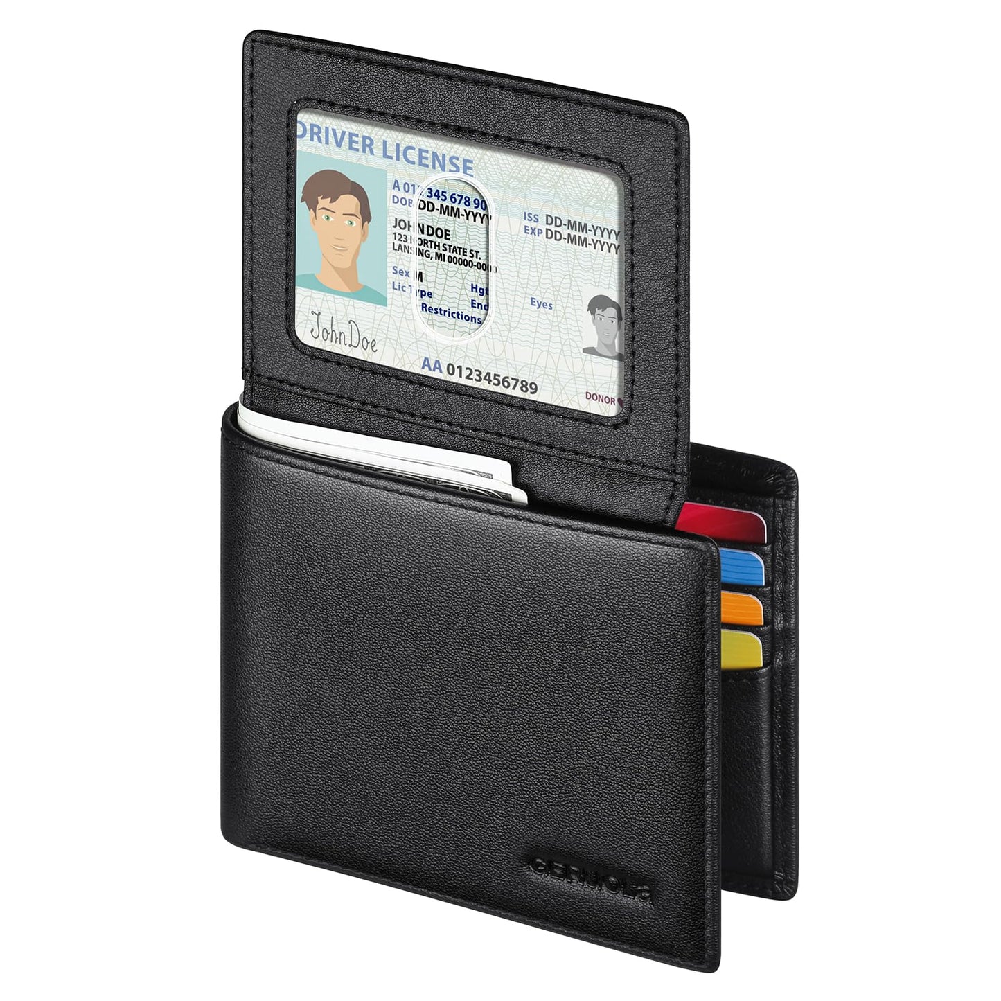 Leather Wallets for Men, Genuine Leather Mens Wallets Bifold Rfid Blocking with 2 ID Windows Bifold Top Flip, Extra Capacity Travel Wallet (Black)