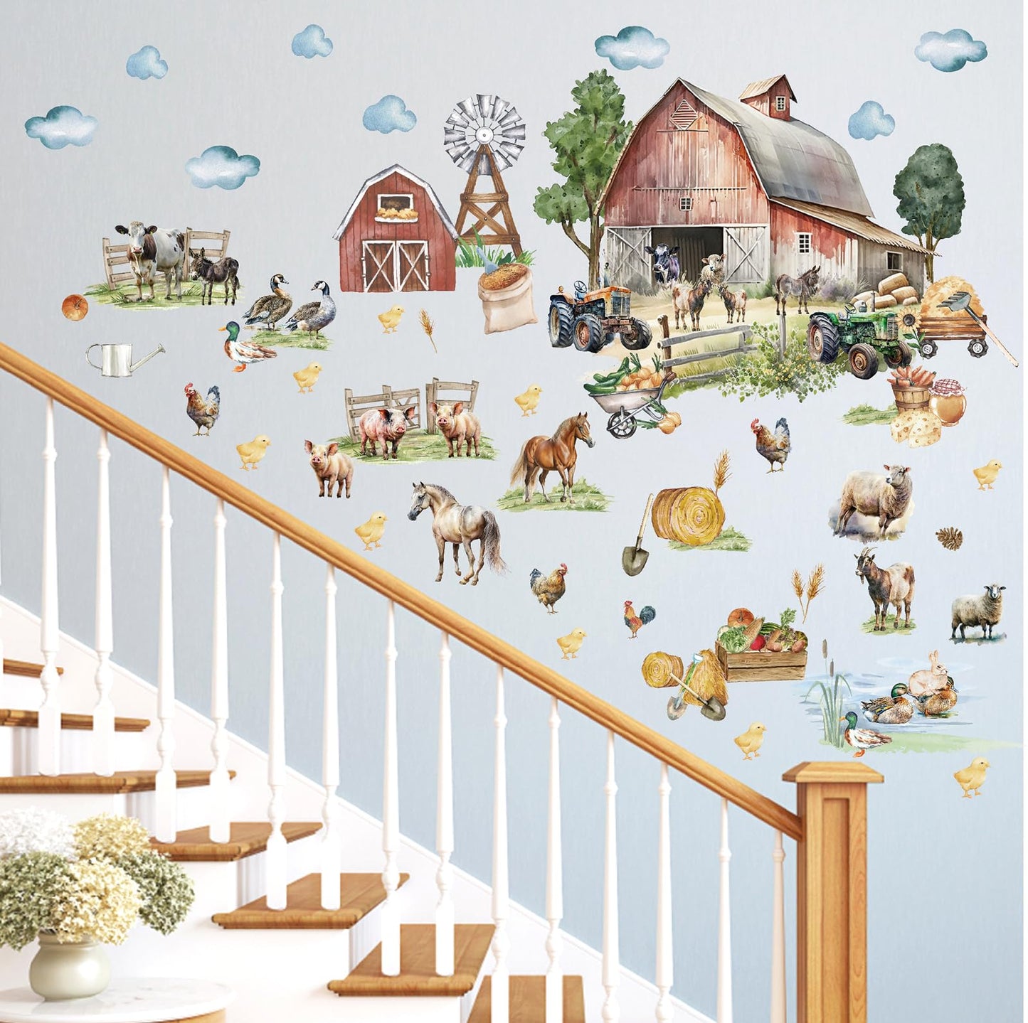 Large Farm Animal Wall Decals Peel and Stick Funny Animal Wall Stickers Farmhouse Decoration Sheep Chicken Rooster Duck Horse Pig Cow Cute Farm Wall Stickers for Kids Room Playroom Kitchen Decor