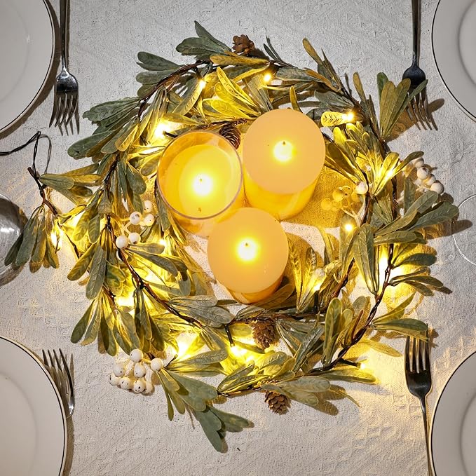 6ft Christmas Garland with Lights – Artificial Greenery Olive Garland with White Berries, Pinecones & Warm LED Fairy Lights – Holiday Garland for Home, Wedding, Party Decorations