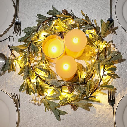 6ft Christmas Garland with Lights – Artificial Greenery Olive Garland with White Berries, Pinecones & Warm LED Fairy Lights – Holiday Garland for Home, Wedding, Party Decorations