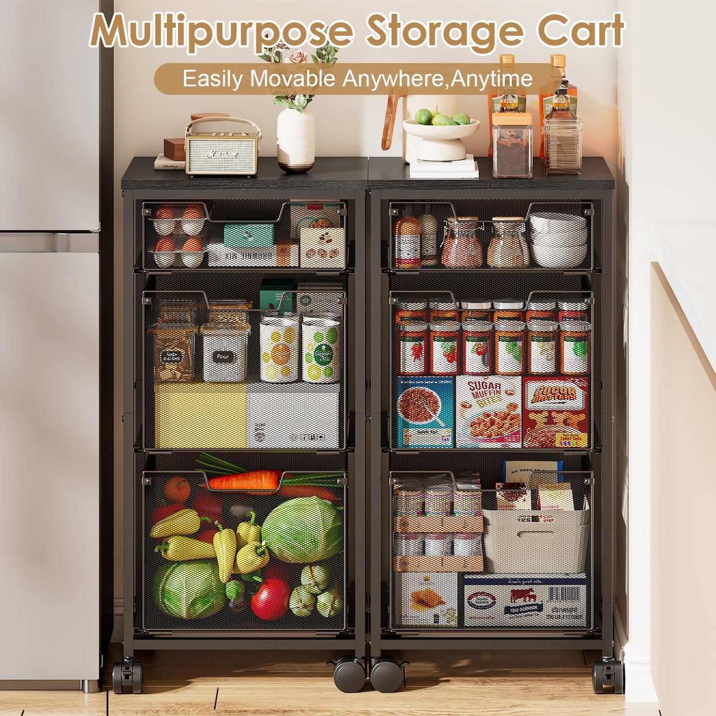 Sbanmao Rolling Storage Cart with 2L+1S Drawers, Metal Utility Cart on Wheels with Wooden Top, Craft Art Storage Organizer Cart for Classroom, Office, Home