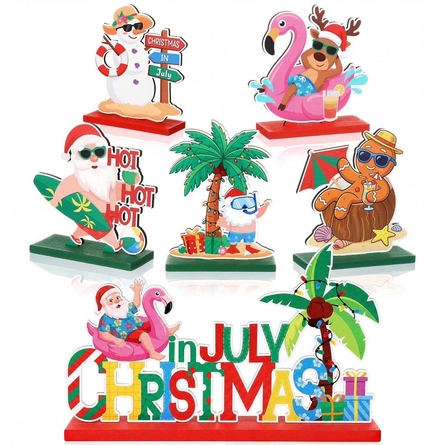 Qunclay 6 Pcs Christmas in July Table Decor - Wooden Snowman Santa Gingerbread Man Elk Table Signs for Summer Christmas in July Party Decorations Supplies