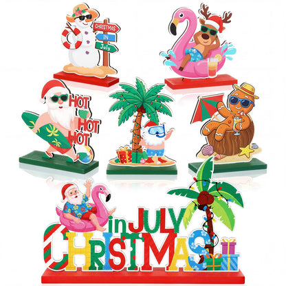 Qunclay 6 Pcs Christmas in July Table Decor - Wooden Snowman Santa Gingerbread Man Elk Table Signs for Summer Christmas in July Party Decorations Supplies