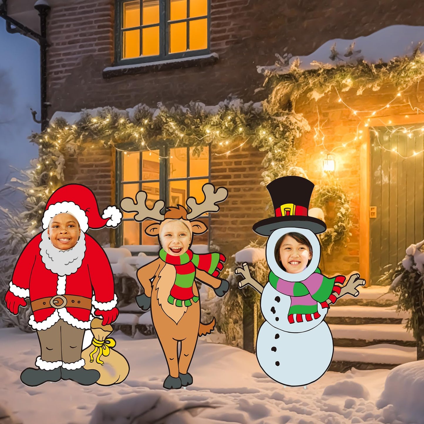 Soaoo 3 Pcs 36" Christmas Yard Sign Snowman Santa Claus Reindeer Photo Props Xmas Outdoor Decorations Large with Stakes Holiday Face Photo Cutout Decorations for Yard Lawn Garden Xmas Gifts