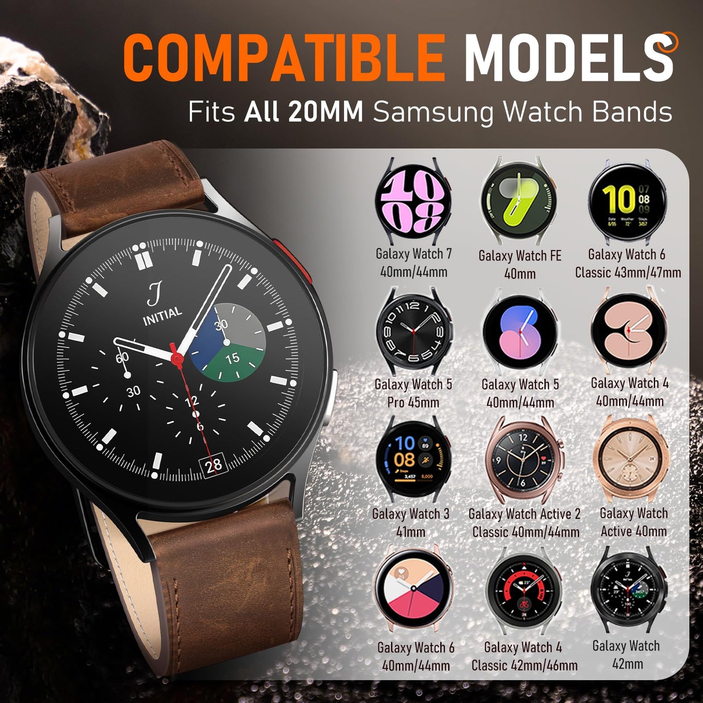WestEagle Leather Bands for Men Compatible with Samsung Galaxy Watch 7/Watch 6 5 4 40mm 44mm/Watch 6 Classic 47mm 43mm/Galaxy Watch 5 Pro Band 45mm, 20mm Wristband Strap, Retro Walnut+Black Buckle
